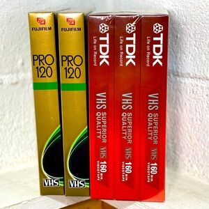 Vintage New in Package Five VHS Blank Video Tapes Fujifilm and TDK